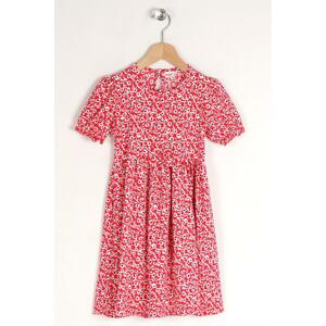 zepkids Girls' Floral Red Colored Patterned Crewneck Ribbon Detail Dress