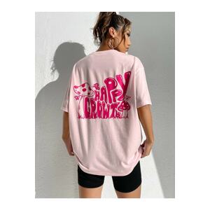 K&H TWENTY-ONE Women's Powder Pink Happy Crowt Printed Oversized T-Shirt.