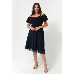 Lafaba Women's Navy Blue Straps, Flare Cut Midi Plus Size Evening Dress.