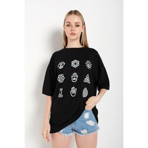 K&H TWENTY-ONE Women's Black Oversize Yoga Print T-Shirt