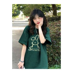 K&H TWENTY-ONE Women's Nefti Green Printed Rabbit Print Oversized T-shirt