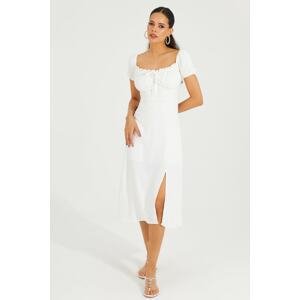 Cool & Sexy Women's White Watermelon Sleeve Midi Dress with Pleats in the Front YEL76