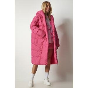 Happiness İstanbul Women's Pink Oversized Long Down Coat with a Hood