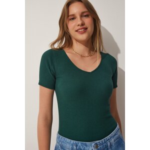 Happiness İstanbul Women's Emerald Green V-Neck Knitted T-Shirt