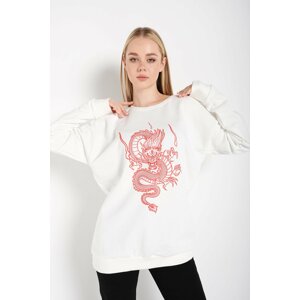 K&H TWENTY-ONE Women's Ecru Red Dragon Print Sweatshirt