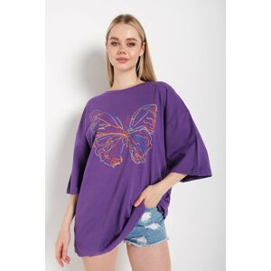 K&H TWENTY-ONE Women's Purple Oversized T-shirt with Laser Butterfly Print on the Front T-Shirt.