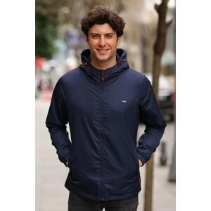 River Club Men's Navy Blue Lined Water Resistant Hooded Raincoat with Pockets - Windbreaker Jacket