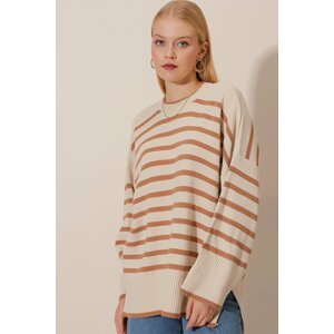 HAKKE Striped Bagel Collar Back Long Oversize Sweater