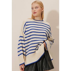 HAKKE Striped Bagel Collar Back Long Oversize Sweater