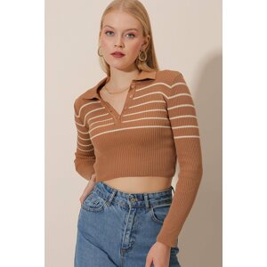 HAKKE Polo Neck Top Striped Knitwear Blouse