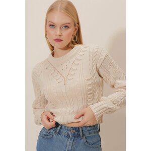 HAKKE Chickpea Pattern Sleeves Knit Crop Sweater BLOUSE