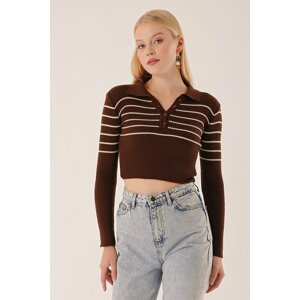 HAKKE Polo Neck Top Striped Knitwear Blouse