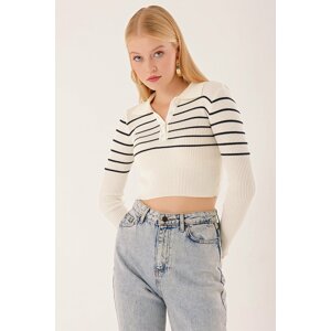 HAKKE Polo Neck Top Striped Knitwear Blouse