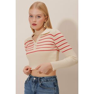 HAKKE Polo Neck Top Striped Knitwear Blouse