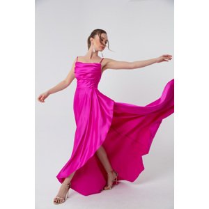 Lafaba Women's Fuchsia Evening Dress &; Prom Dress with Flounces and a Slit in Satin.