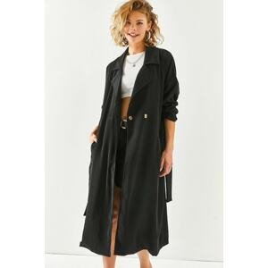 Olalook Women's Black Belted Woven Trench Coat with One Button and Pocket