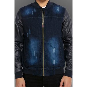 River Club Men's Navy Blue Jeans College Collar Worn Denim Jacket with Zipper Pocket and Leather Sleeves.