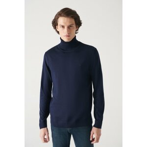 Avva Men's Navy Blue Full Turtleneck Wool Blend Standard Fit Regular Cut Knitwear Sweater