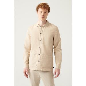 Avva Men's Beige Plain Three Pocket Linen Jacket Shirt