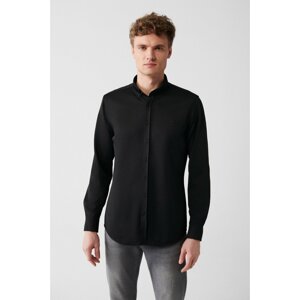 Avva Men's Black Easy-Iron Button Collar Textured Knitted Slim Fit Narrow Cut Shirt