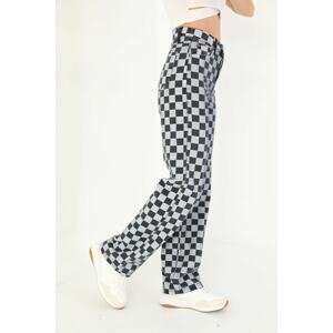 BİKELİFE Black Checkerboard Patterned High Waist Wide Leg Jeans