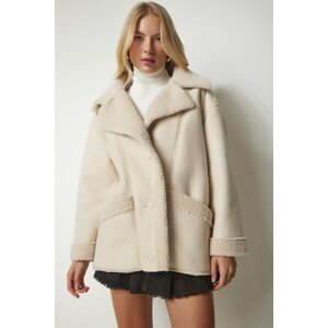 Happiness İstanbul Women's Cream Shearling Suede Coat