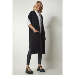 Happiness İstanbul Women's Black Oversized Long Knitwear Vest with Pockets