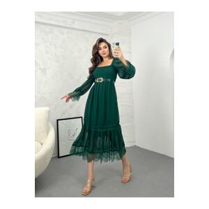 K&H TWENTY-ONE Dark Green Tulle Detail V-Neck Dress With A Belt