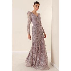 By Saygı V Neck Long Sleeve Lined Wide Body Interval Silvery Flocked Printed Long Dress Pink