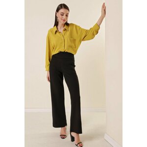 By Saygı Waist Bodice with Pockets Knitted Crepe Palazzo Pants Black