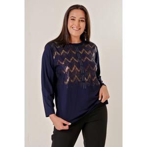 By Saygı Front Leafed Vertical Stone Printed Long Sleeve Plus Size Blouse