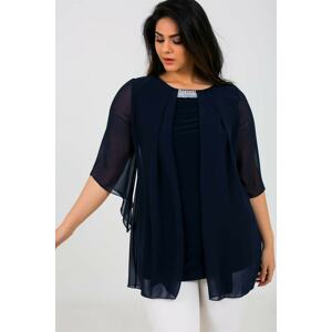 By Saygı Navy Blue Chiffon Lycra Blouse with Beading on the Collar