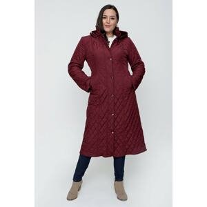 By Saygı Claret Red Plus Size Coat with a Shearling Hood, Pockets, and Checkered Pattern.