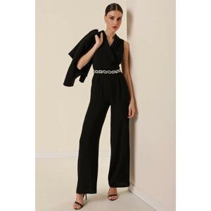 By Saygı Short, Lined Jumpsuit with a Belt at the Waist and Pocket Crepe 2-Pack Suit Black