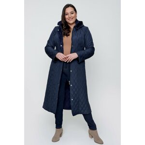 By Saygı Navy Blue Plus Size Coat with a Shearling Hood, Pockets, Checkered Checkered Pattern, Portable.