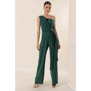 By Saygı One Side Gemstones Double Thread Straps Draped Waist Buckle Detail Palazzo Crepe Jumpsuit Emerald.