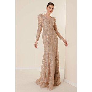 By Saygı V-Neck, Long Sleeves, Lined, Wide fit, Silvery Flocked Printed Long Dress Gold