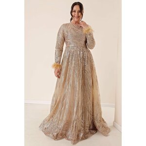 By Saygı Plus Size Glittery Long Evening Dress Gold With Pile Lined Sleeves.