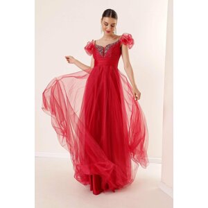 By Saygı Front Back V-Neck Rope Strap Low Sleeve Front Stone Detailed Lined Long Tulle Dress Red