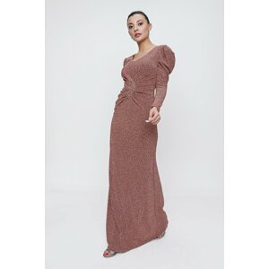 By Saygı Waist with a Checkered Detailed Lined Long Sleeve Glittery Long Dress Copper