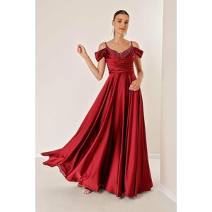 By Saygı Evening Dress with Rope Straps, Low Sleeves, Stone Detailed and Lined Long Satin Evening Dress Claret Red.