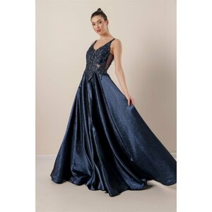 By Saygı Navy Blue Lined Long Glittery Dress with Beading and Tie Back