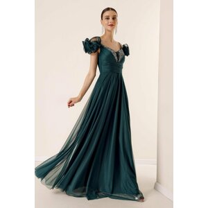 By Saygı Front Back V-Neck Rope Straps Short Sleeves Front Stitching Lined Long Tulle Dress Emerald