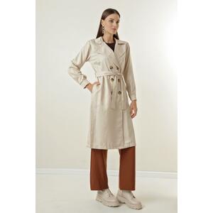 By Saygı Notched Collar Waist Belted, Pocket Soft Cotton Trench Coat.