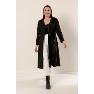 By Saygı Zipper Front, Hooded Beaded Plus Size Suede Coat Black with Side Pockets.