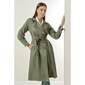 By Saygı Notched Collar Waist Belted, Pocket Soft Cotton Trench Coat.