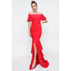 By Saygı Red Evening Dress with a Madonna Collar Collar with Tiered Skirt and a Slit in the Front.