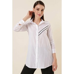 By Saygı White Tunic Shirt with Bias Stripes on One Side