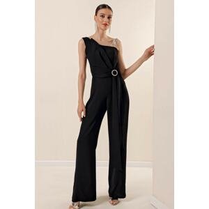 By Saygı One Side with Stones and Double Thread Straps Draped Waist Buckle Detail Palazzo Crepe Jumpsuit Black.