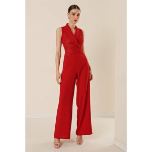 By Saygı Double Breasted Collar Beads And Embroidery Embroidered Jumpsuit Red